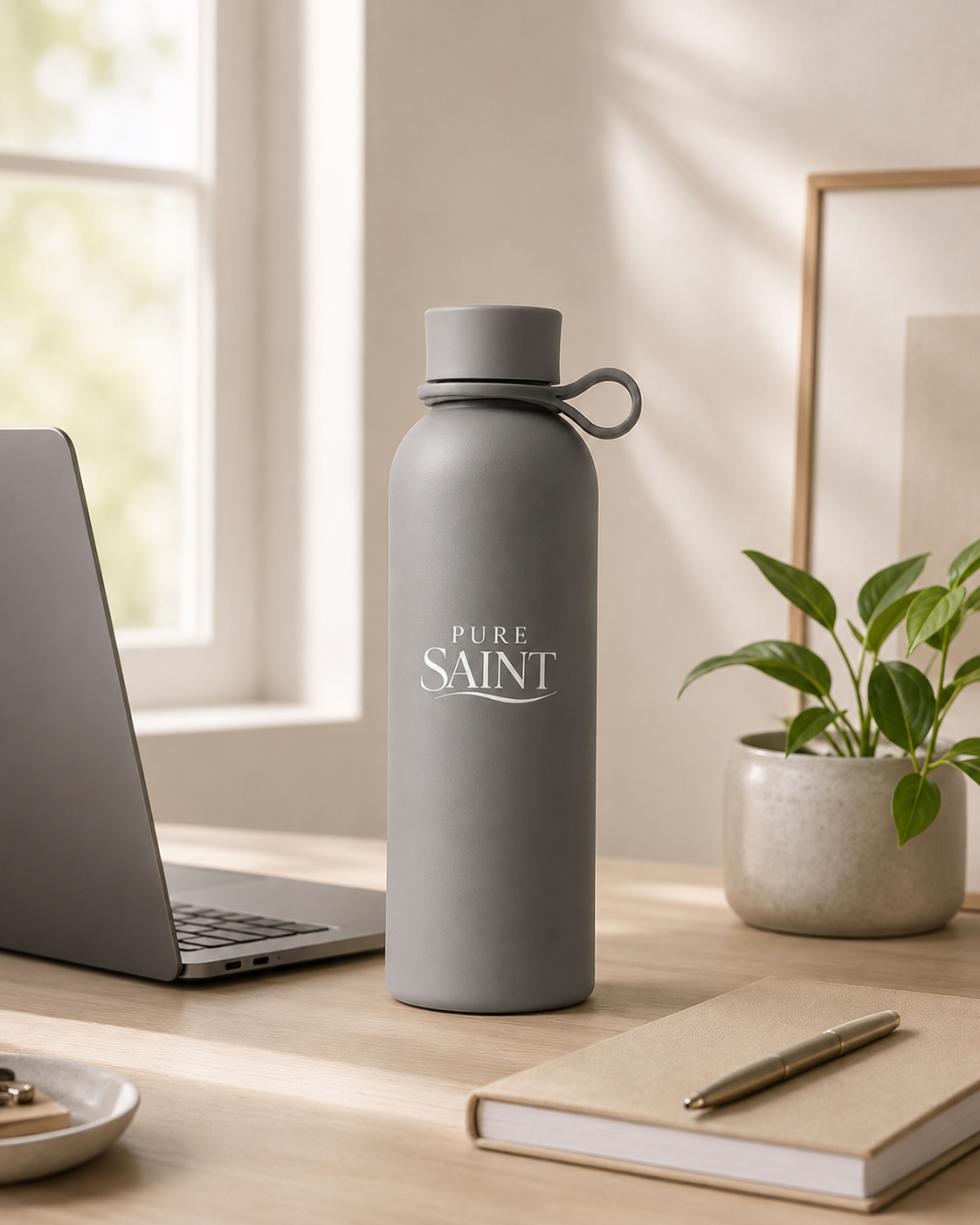Pure Saint Stone Grey Trinkflasche in einer Lifestyle-Szene