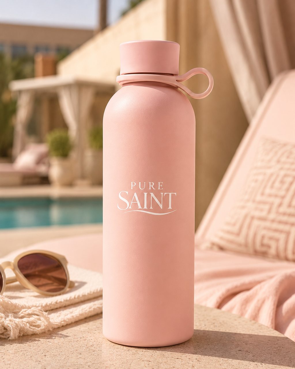 Pure Saint Blush Rose Trinkflasche in einer Lifestyle-Szene