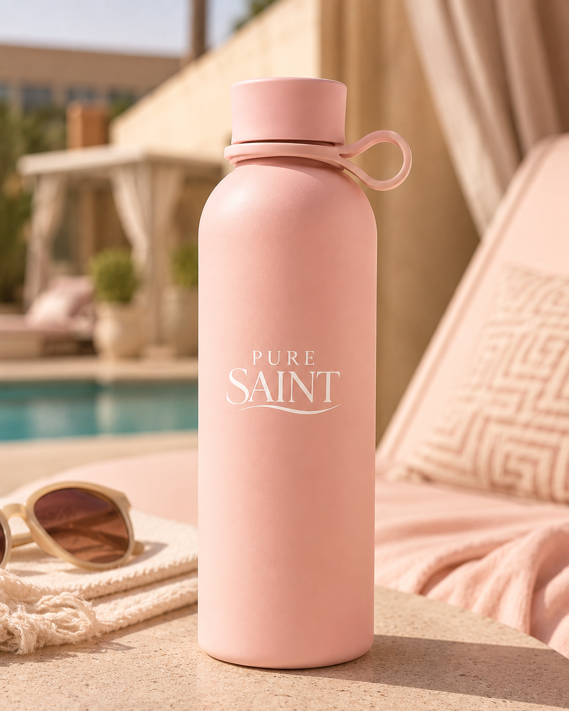 Pure Saint Blush Rose Trinkflasche in einer Lifestyle-Szene