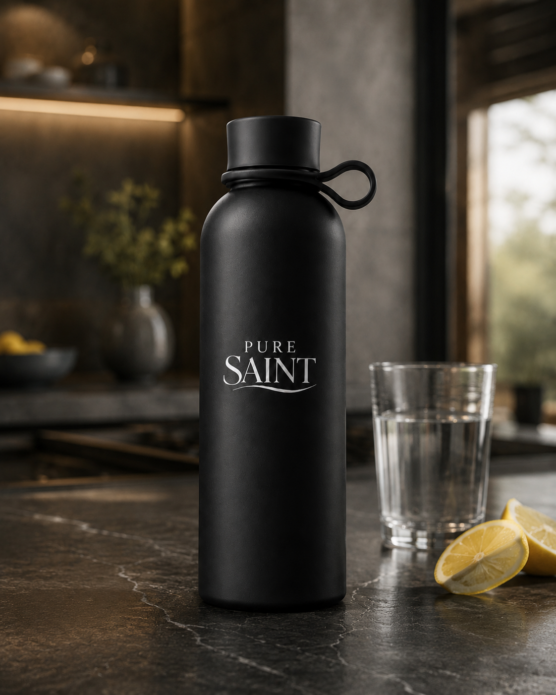Mattschwarze Pure Saint Trinkflasche in einer Lifestyle-Szene