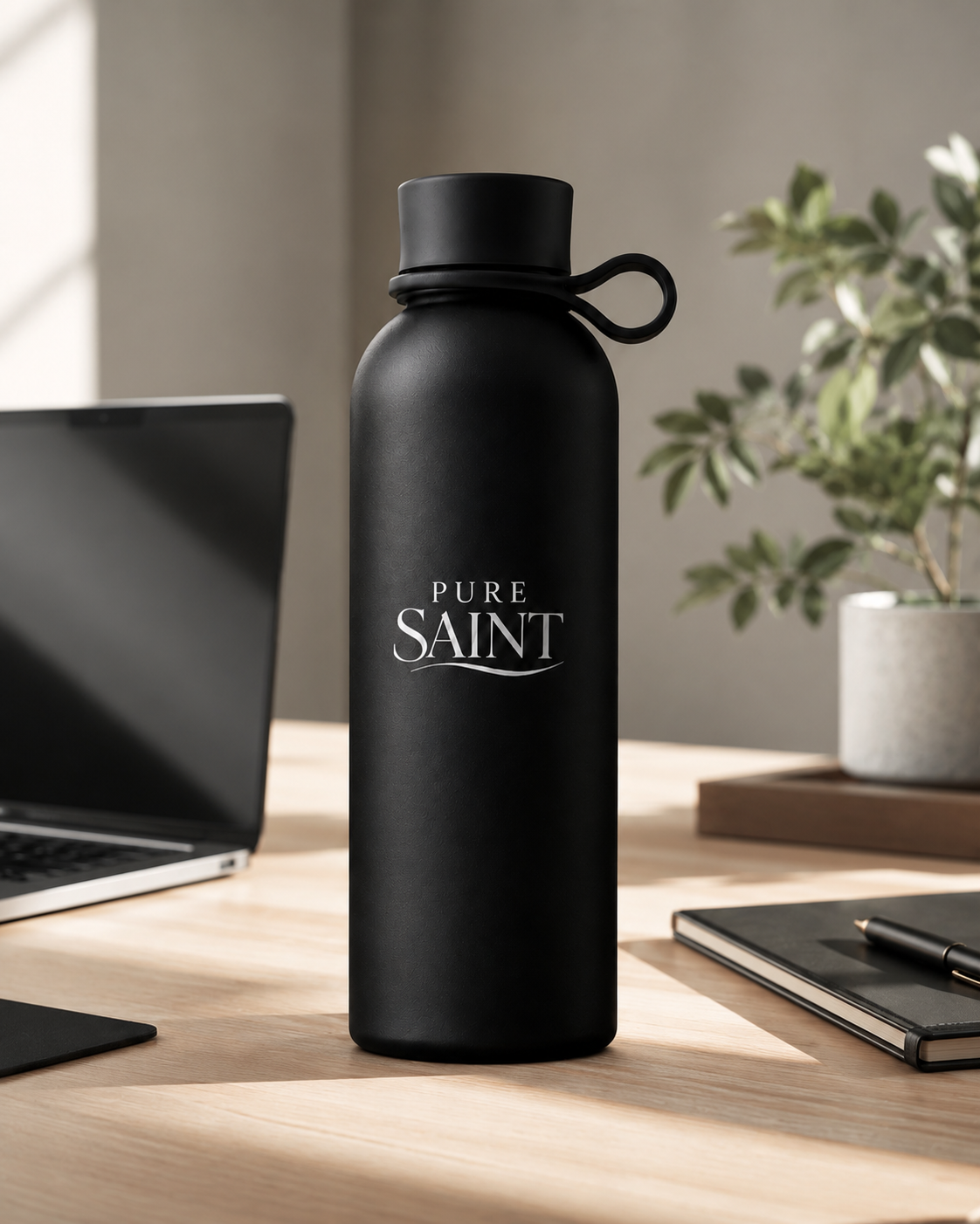 Detailansicht der matten Pure Saint Midnight Black Thermoflasche