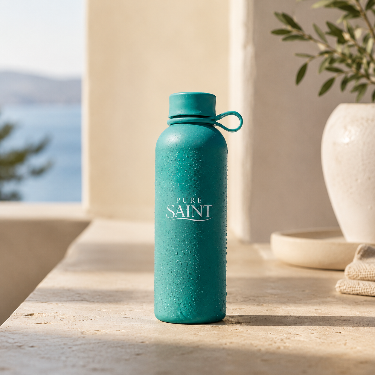 Pure Saint Ocean Jade Trinkflasche mit sichtbarem Logo und mattem Finish