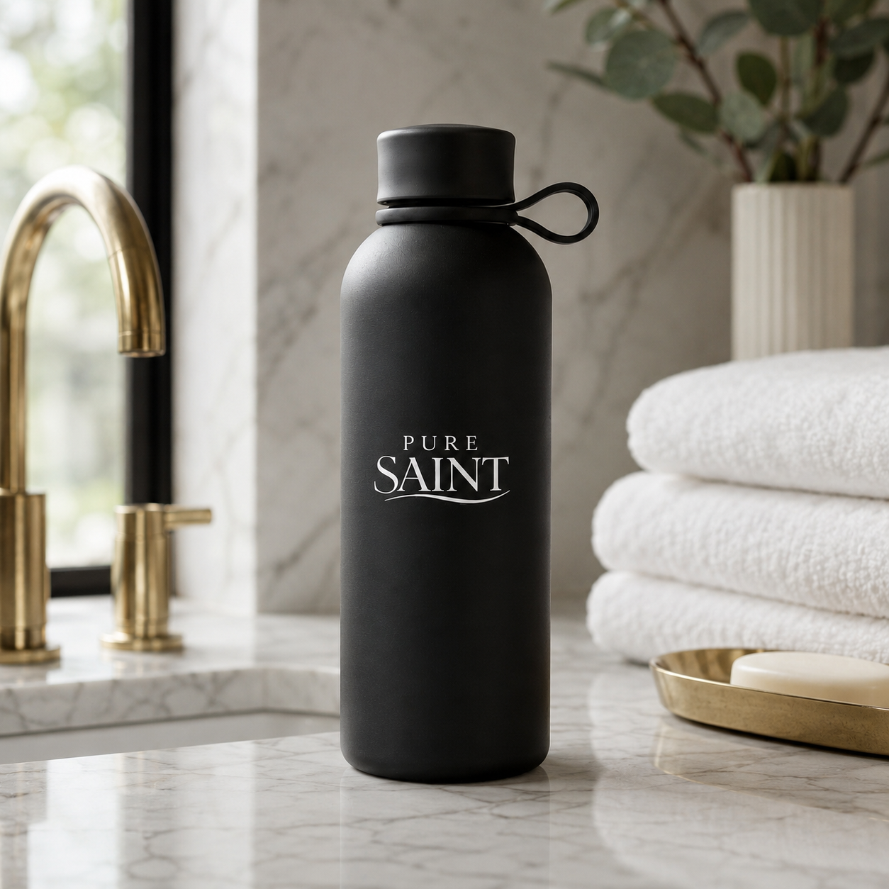 Tiefschwarze Pure Saint Obsidian Noir 500-ml-Thermoflasche mit Tragegriff