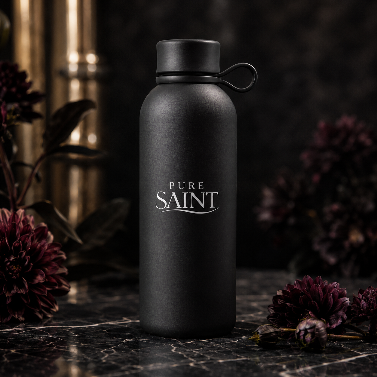 Detailansicht der matten Pure Saint Obsidian Noir Thermoflasche